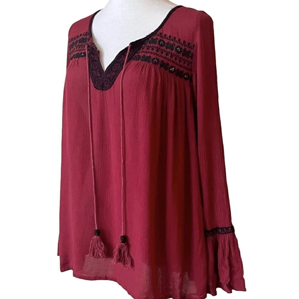 Altard State XS Boho Top Maroon Embroidered Long Sleeve Blouse